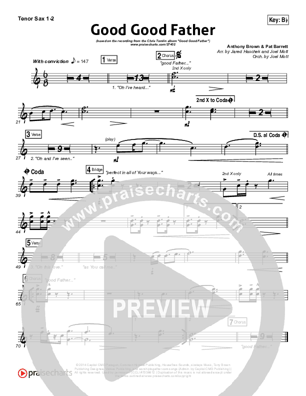 Good Good Father (Choral Anthem SATB) Tenor Sax 1/2 (Housefires / NextGen Worship / Arr. Richard Kingsmore)