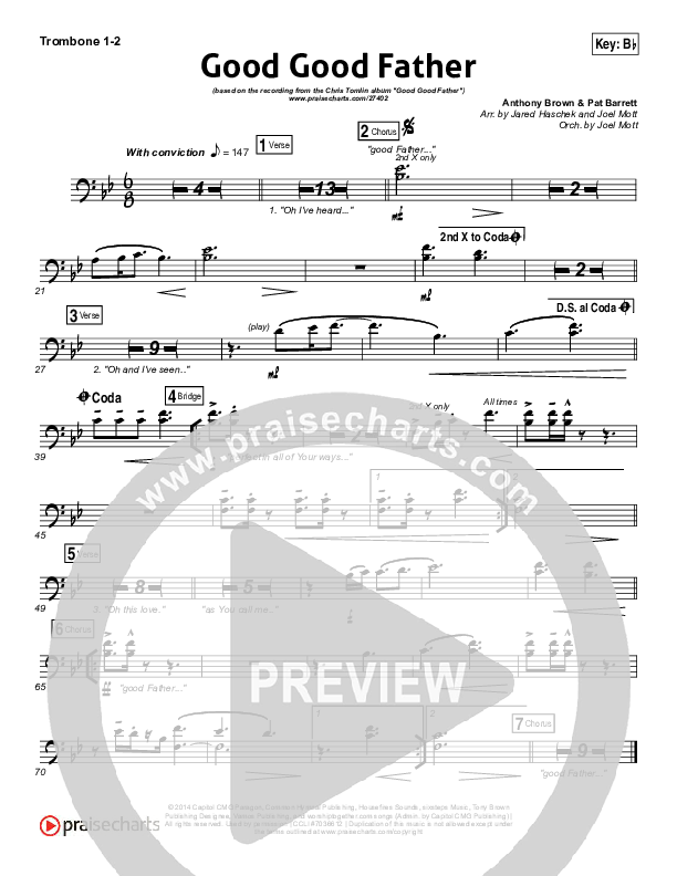 Good Good Father (Choral Anthem SATB) Trombone 1/2 (Housefires / NextGen Worship / Arr. Richard Kingsmore)