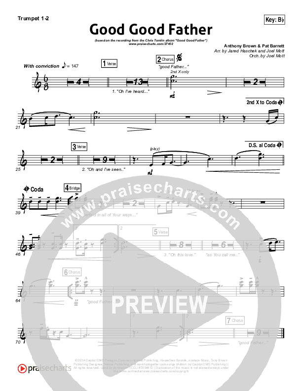 Good Good Father (Choral Anthem SATB) Trumpet 1,2 (Housefires / NextGen Worship / Arr. Richard Kingsmore)