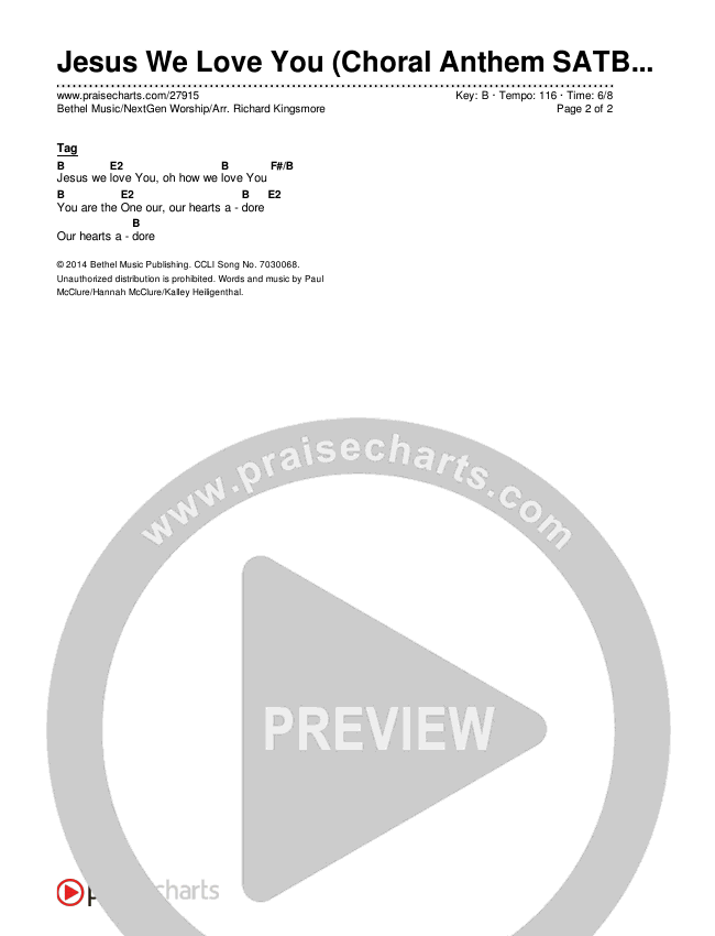 Jesus We Love You (Choral Anthem SATB) Chords & Lyrics (Bethel Music / NextGen Worship / Arr. Richard Kingsmore)
