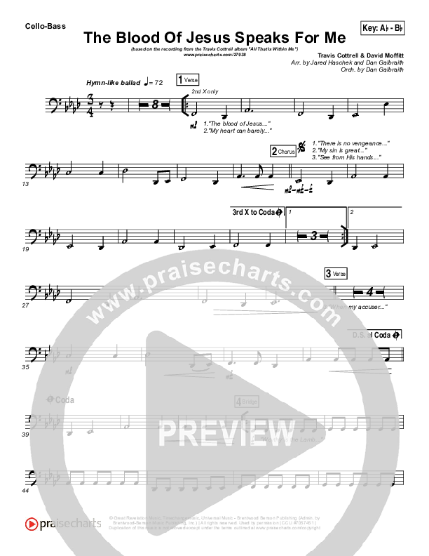 The Blood Of Jesus Speaks For Me Cello/Bass (Travis Cottrell)