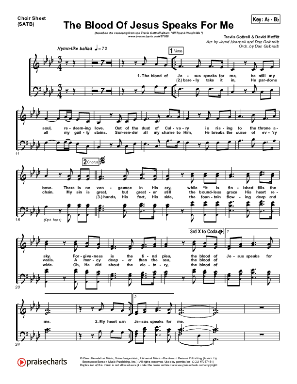 The Blood Of Jesus Speaks For Me Choir Vocals (SATB) (Travis Cottrell)