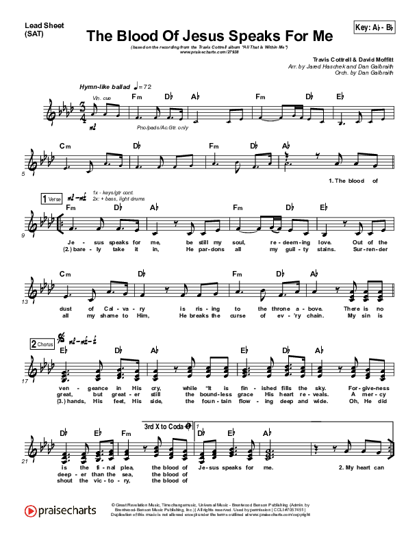 The Blood Of Jesus Speaks For Me Lead Sheet (SAT) (Travis Cottrell)