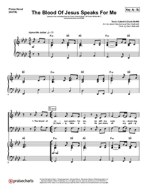 The Blood Of Jesus Speaks For Me Piano/Vocal (SATB) (Travis Cottrell)