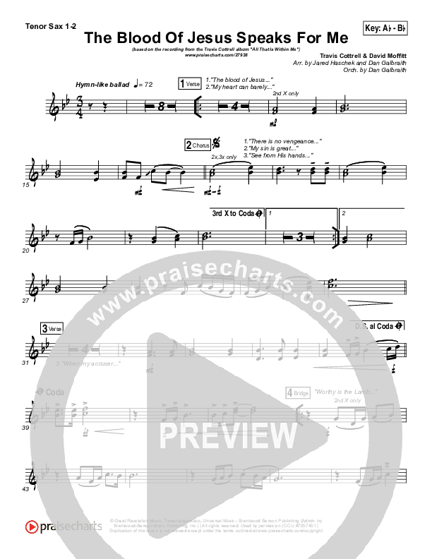 The Blood Of Jesus Speaks For Me Tenor Sax 1/2 (Travis Cottrell)