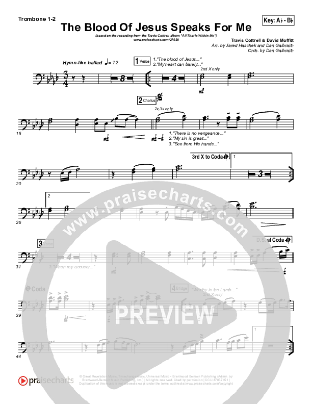 The Blood Of Jesus Speaks For Me Trombone 1/2 (Travis Cottrell)