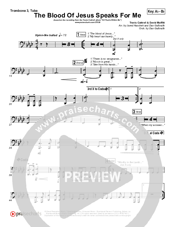 The Blood Of Jesus Speaks For Me Trombone 3/Tuba (Travis Cottrell)