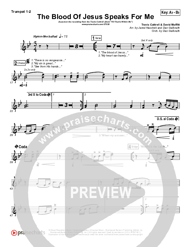 The Blood Of Jesus Speaks For Me Trumpet 1,2 (Travis Cottrell)