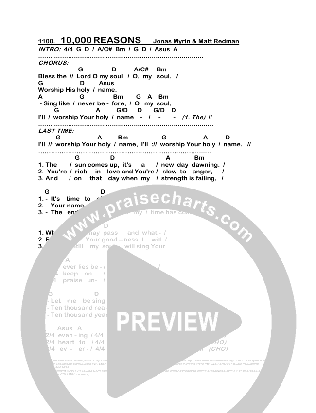 Ten Thousand Reasons Chord Chart