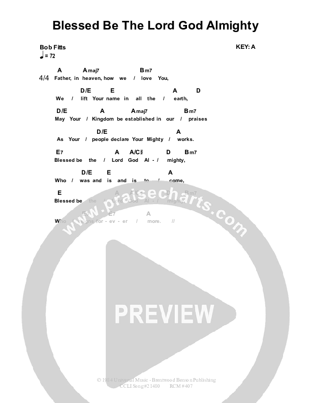 Blessed Be The Lord God Almighty Chord Chart (Dennis Prince / Nolene Prince)