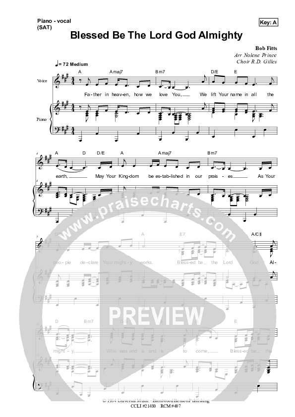 Blessed Be The Lord God Almighty Piano/Vocal (SAT) (Dennis Prince / Nolene Prince)
