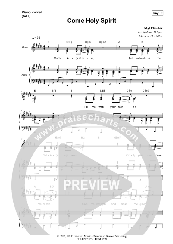 Come Holy Spirit Piano/Vocal (SAT) (Dennis Prince / Nolene Prince)
