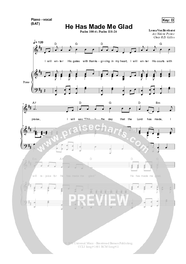 He Has Made Me Glad Piano/Vocal & Lead (Dennis Prince / Nolene Prince)