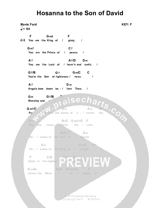 Hosanna To The Son Of David Chords & Lyrics (Dennis Prince / Nolene Prince)