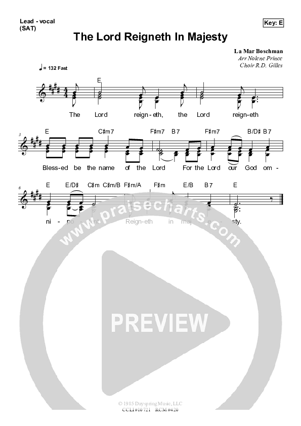 The Lord Reigneth In Majesty Lead Sheet (SAT) (Dennis Prince / Nolene Prince)