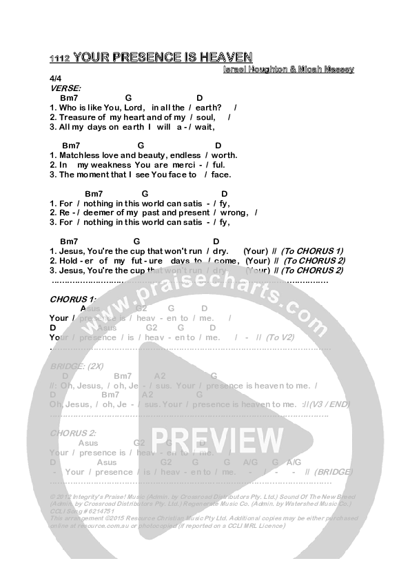 Your Presence Is Heaven To Me Chords & Lyrics (Dennis Prince / Nolene Prince)