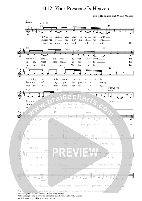 Your Presence Is Heaven To Me Lead Sheet (Dennis Prince / Nolene Prince)