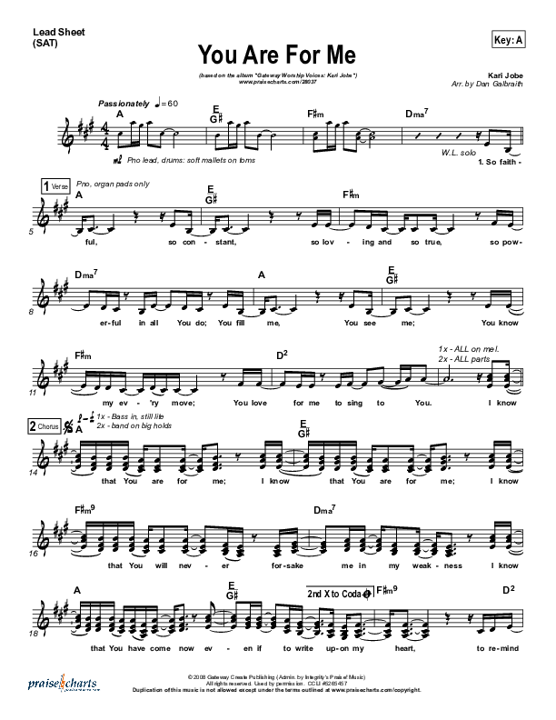 You Are For Me Lead Sheet (Gateway Worship / Kari Jobe)