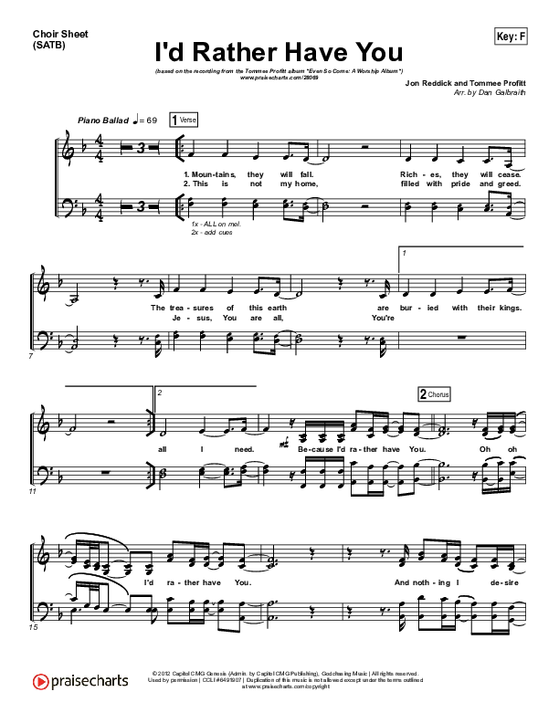 I'd Rather Have You Choir Sheet (SATB) (Tommee Profitt & Brooke Griffith)