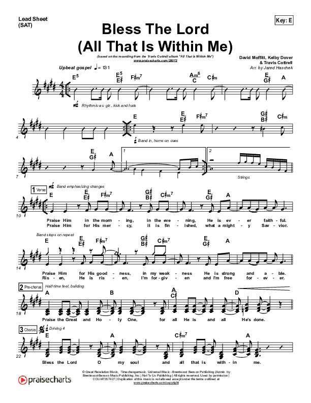 Bless The Lord (All That Is Within Me) Lead Sheet (SAT) (Travis Cottrell)