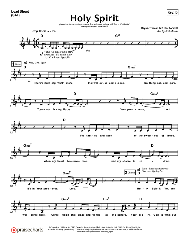Holy Spirit  Lead Sheet (Travis Cottrell)
