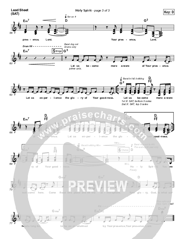 Holy Spirit  Lead Sheet (Travis Cottrell)