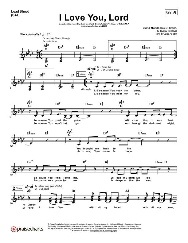 I Love You Lord Lead Sheet (SAT) (Travis Cottrell)