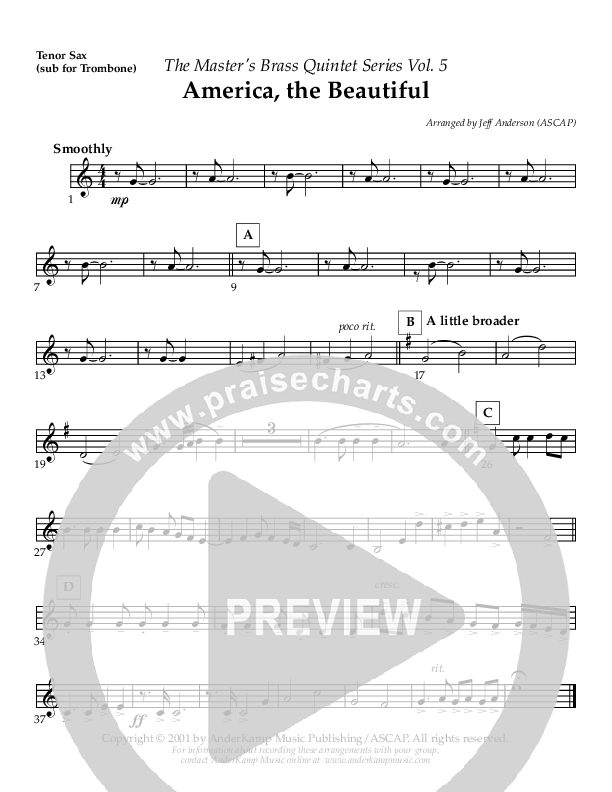 America The Beautiful (Instrumental) Tenor Sax 2 (AnderKamp Music)