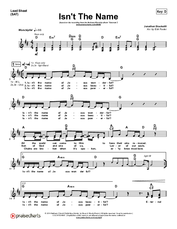 Isn't The Name Lead Sheet (SAT) (Bethany Music)
