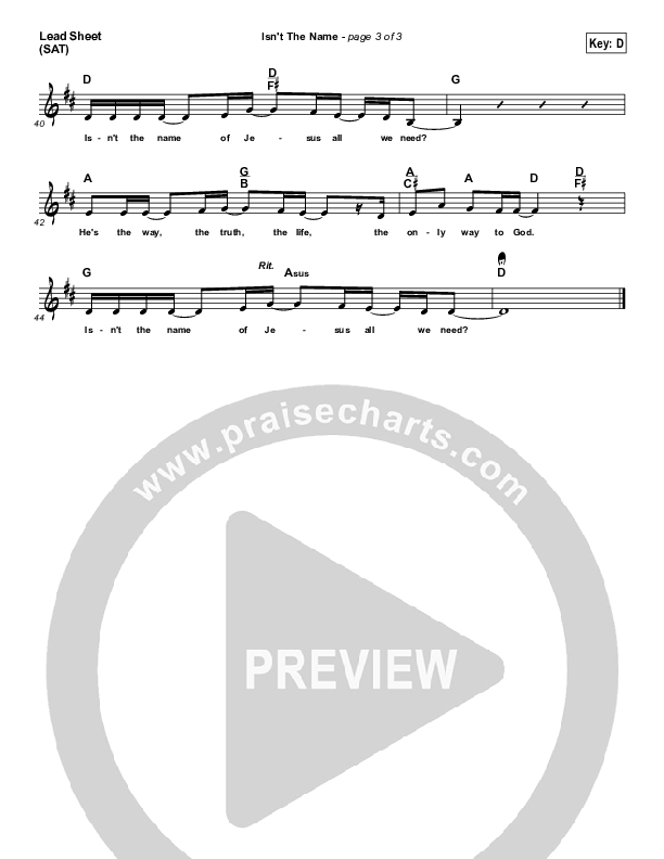 Isn't The Name Lead Sheet (SAT) (Bethany Music)