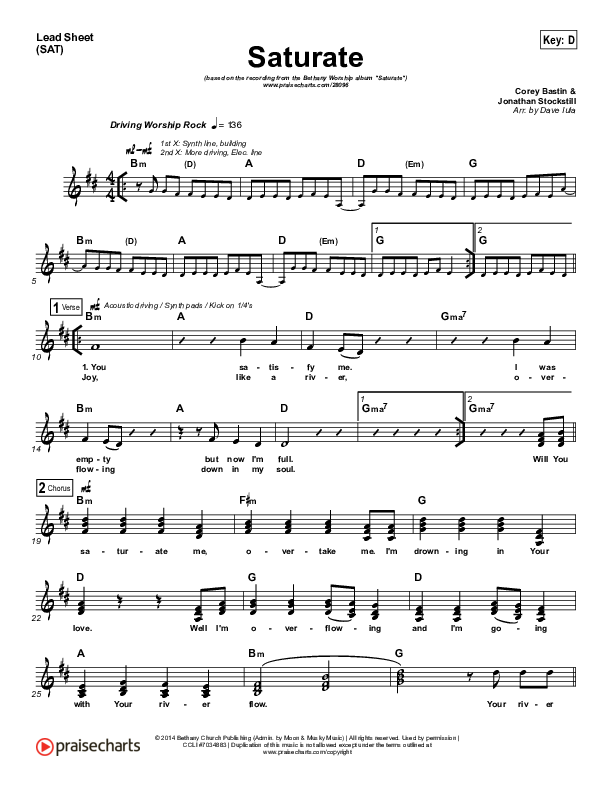 Saturate Lead Sheet (Bethany Music)