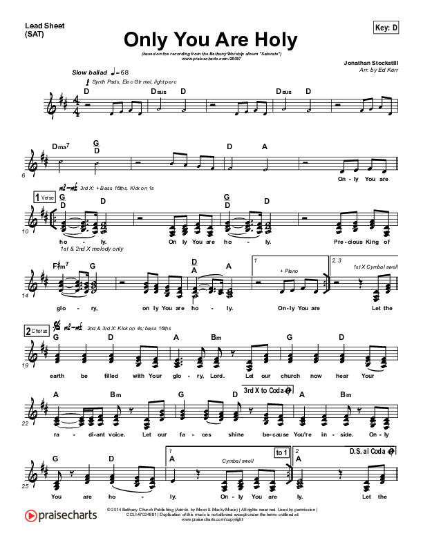 Only You Are Holy Lead Sheet (SAT) (Bethany Music)