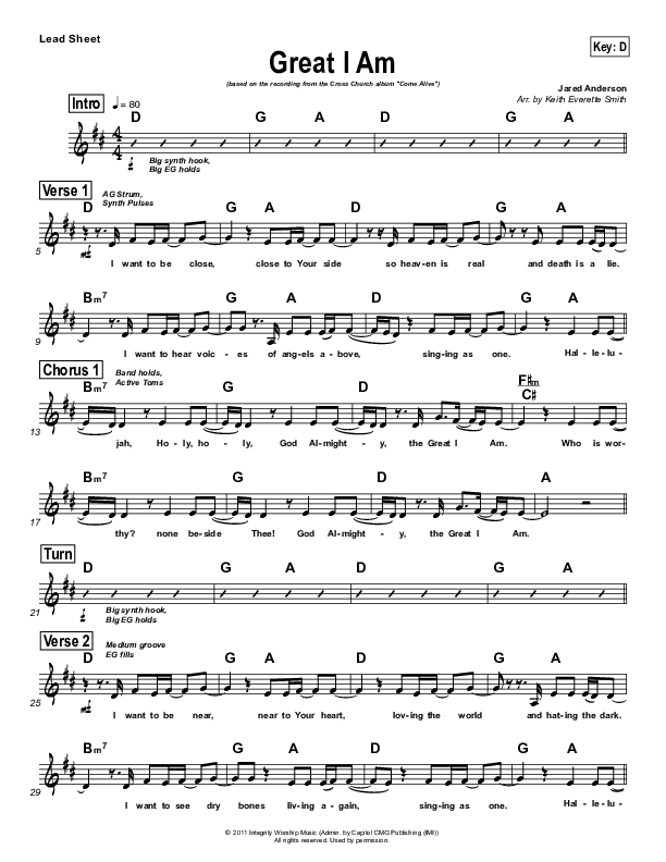 Great I Am Lead Sheet (Cross Church Worship / Julio Arriola)