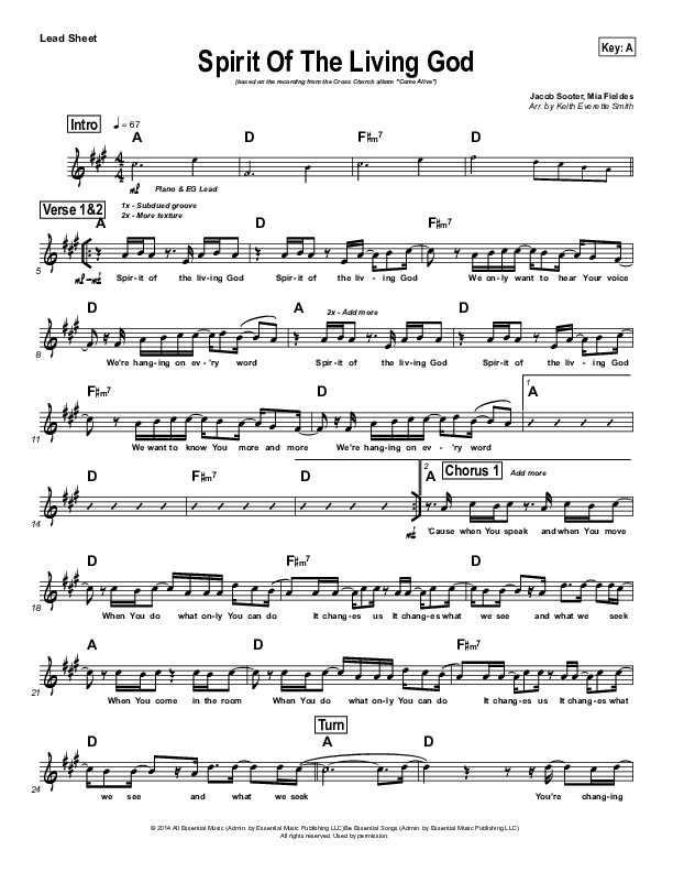 Spirit Of The Living God Lead Sheet (Cross Church Worship / Julio Arriola)