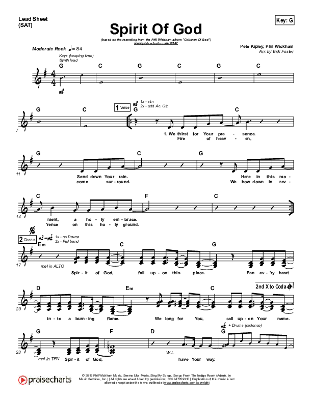 Spirit Of God Lead Sheet (SAT) (Phil Wickham)