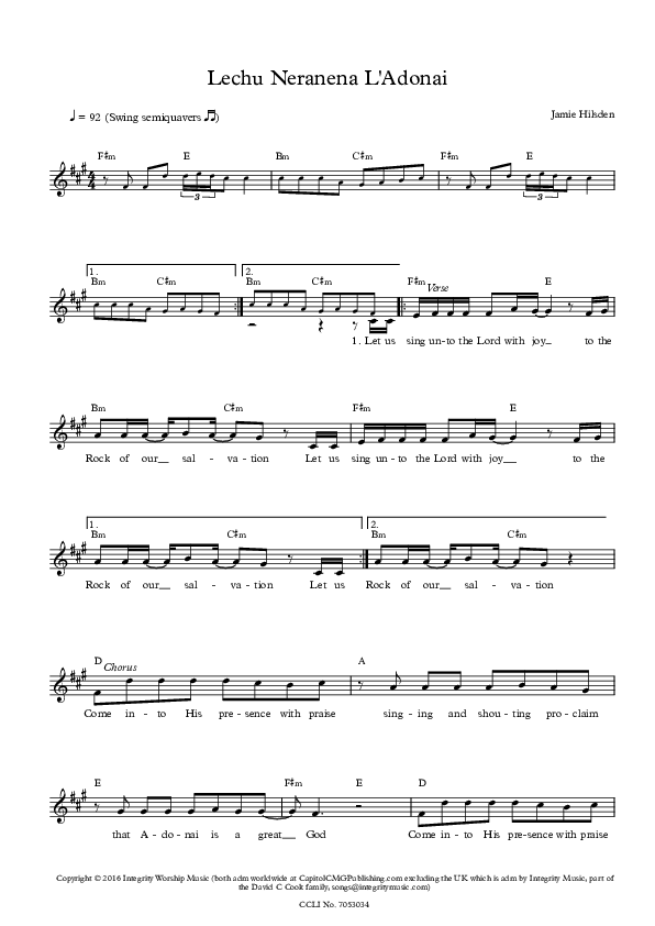 Lechu Neranena Lead Sheet (Paul Wilbur)