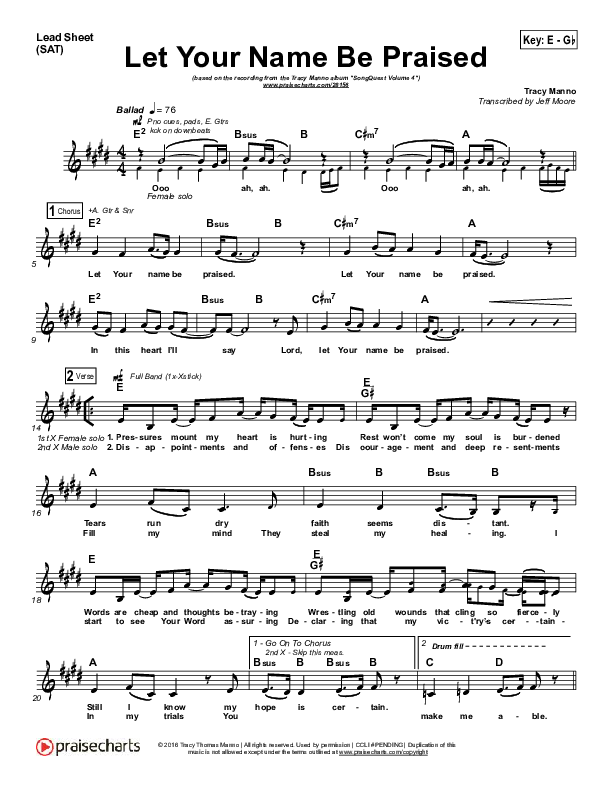 Let Your Name Be Praised Lead Sheet (Tracy Manno)