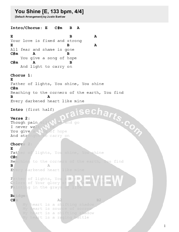 You Shine Chords PDF (Justin Bartlow) PraiseCharts