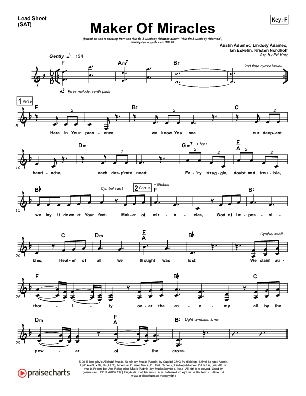 Maker Of Miracles Lead Sheet (SAT) (Austin & Lindsey Adamec)