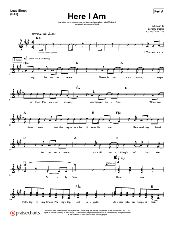 Here I Am Lead Sheet (Jeremy Camp)