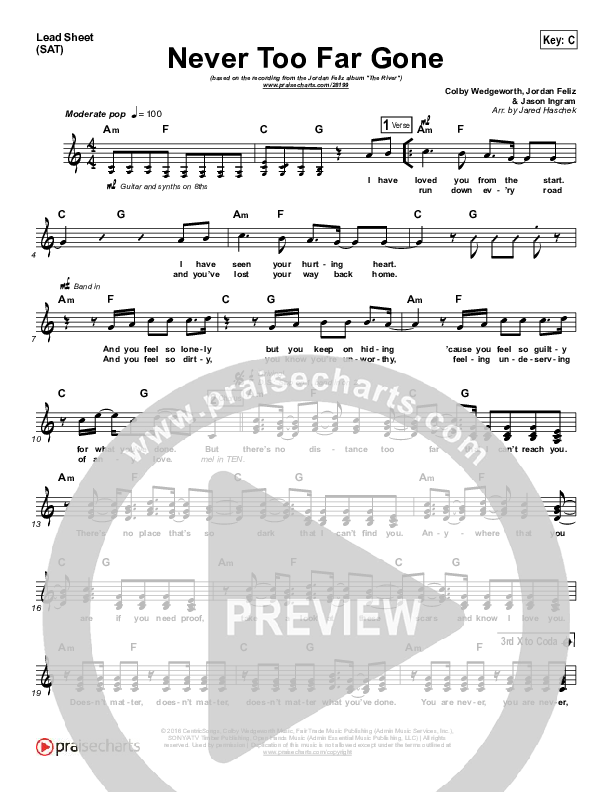 Never Too Far Gone Lead (SAT) (Jordan Feliz)