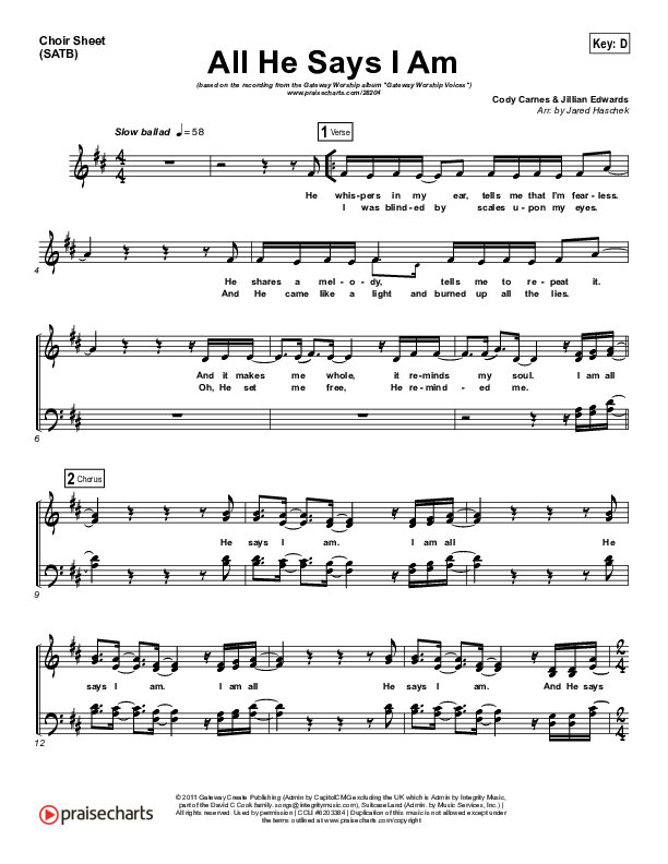 All He Says I Am Choir Sheet (SATB) (Gateway Worship Voices / Anna Byrd)