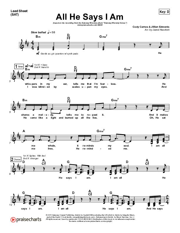 All He Says I Am Lead Sheet (SAT) (Gateway Worship Voices / Anna Byrd)