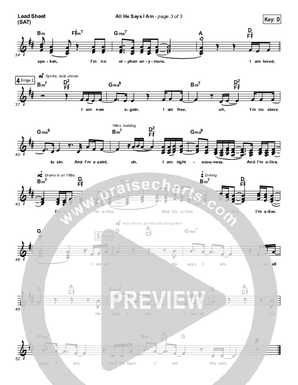 All He Says I Am Lead Sheet (SAT) (Gateway Worship Voices / Anna Byrd)