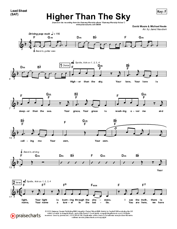 Higher Than The Sky Lead Sheet (SAT) (Gateway Worship Voices / Melissa Jackson)