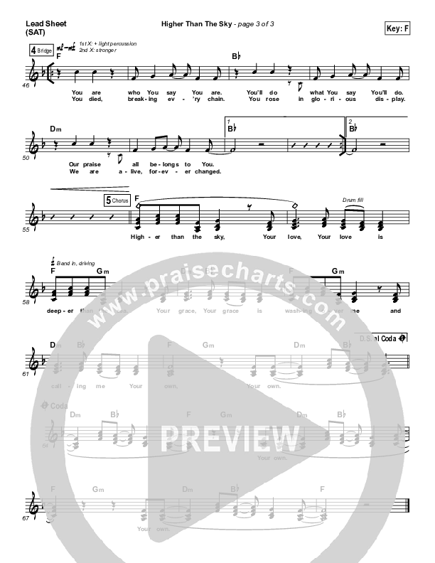 Higher Than The Sky Lead Sheet (SAT) (Gateway Worship Voices / Melissa Jackson)