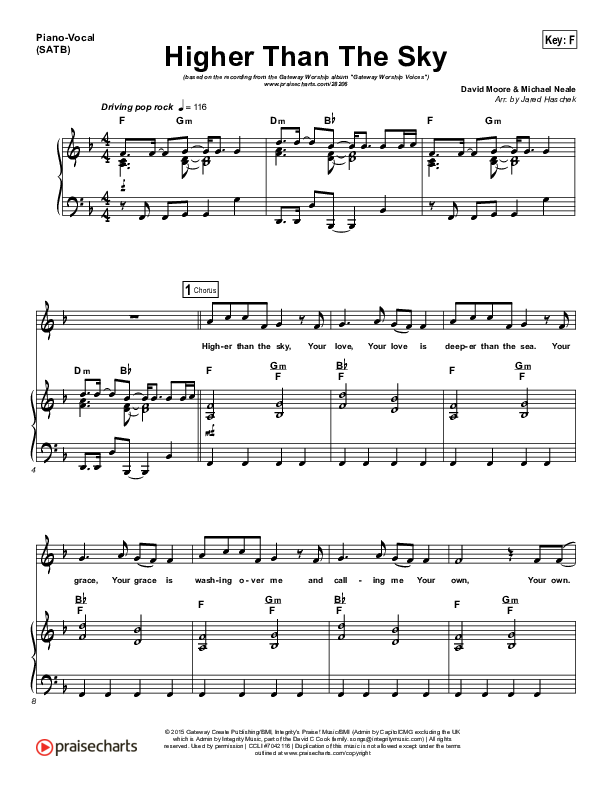 Higher Than The Sky Piano/Vocal (SATB) (Gateway Worship Voices / Melissa Jackson)