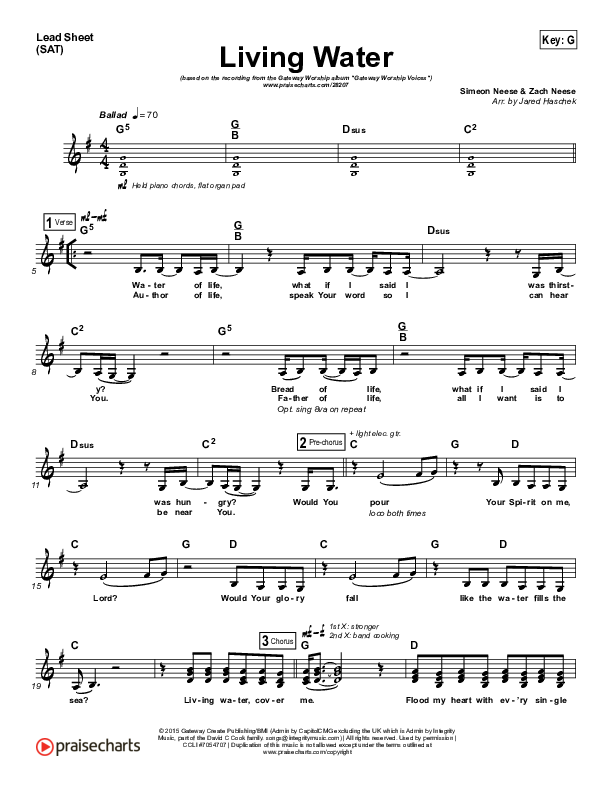 Living Water Lead Sheet (SAT) (Gateway Worship Voices / Lauren Dunn)