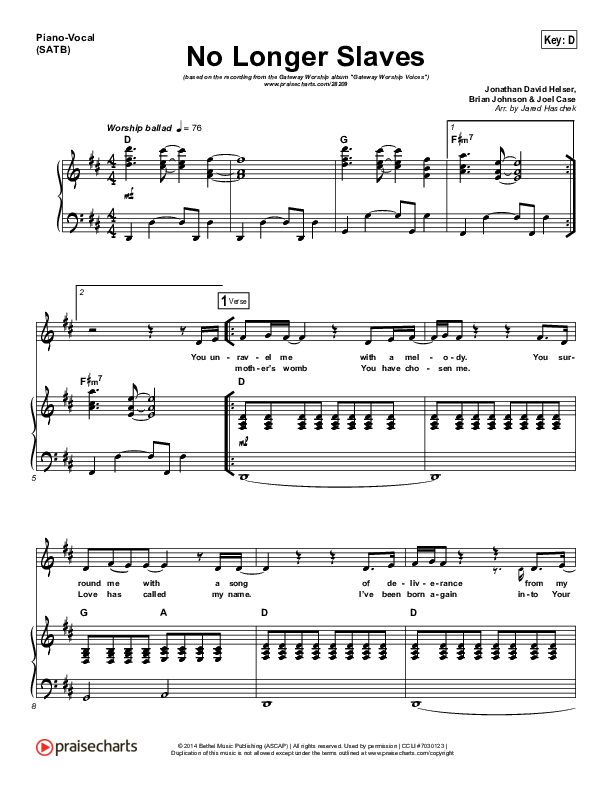 No Longer Slaves Piano/Vocal Pack (Gateway Worship Voices / Bridgette Morris)