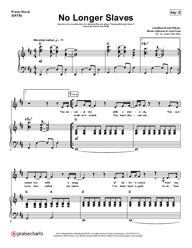 No Longer Slaves Piano/Vocal (SATB) (Gateway Worship Voices / Bridgette Morris)